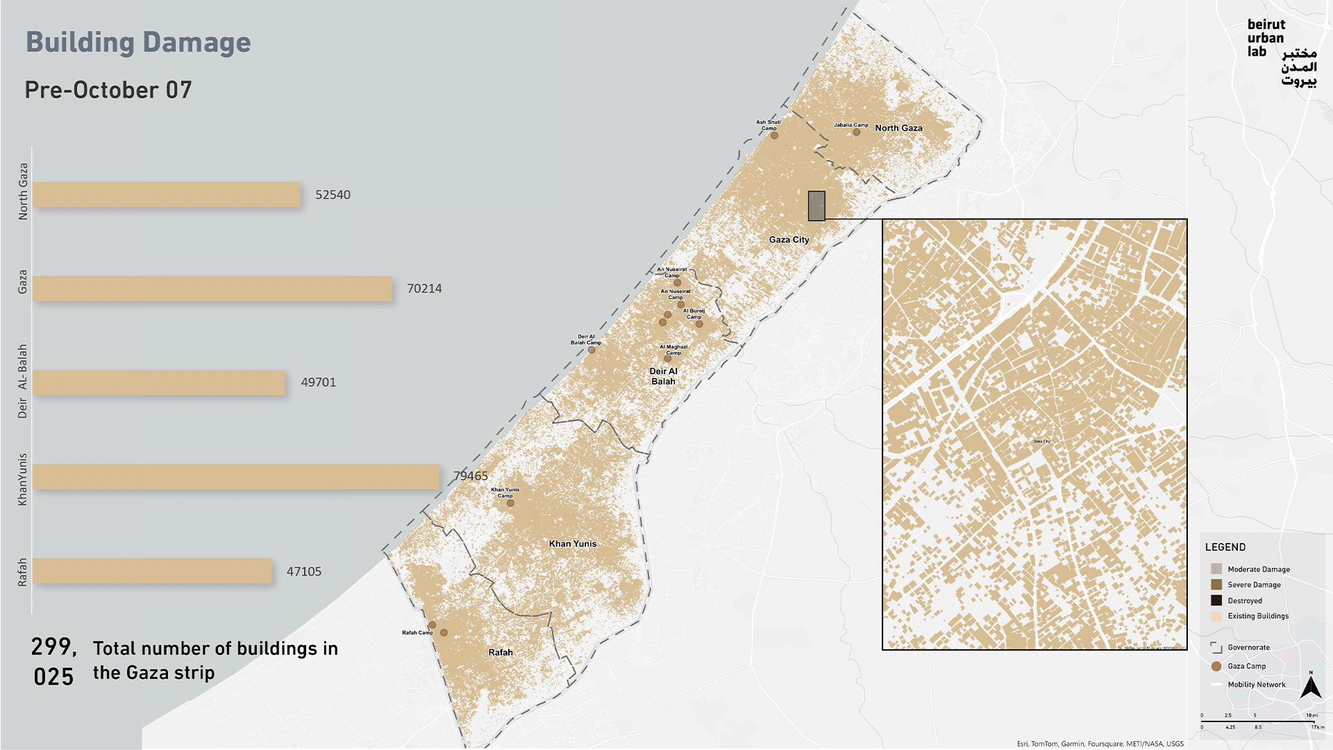 الأضرار اللاحقة بالمباني في غزة. المصدر: مختبر المدن في بيروت بالاستناد إلى بيانات من يونوسات UNOSAT