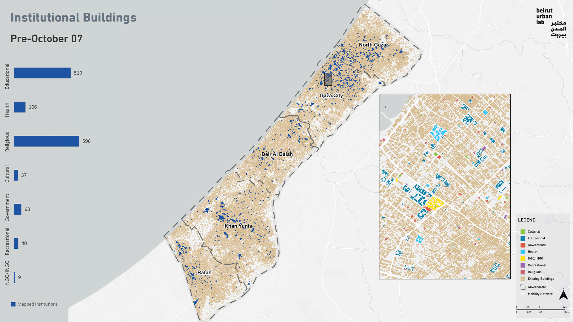 الأضرار اللاحقة بالمؤسسات في غزة. المصدر: مختبر المدن في بيروت بالاستناد إلى بيانات من يونوسات UNOSAT