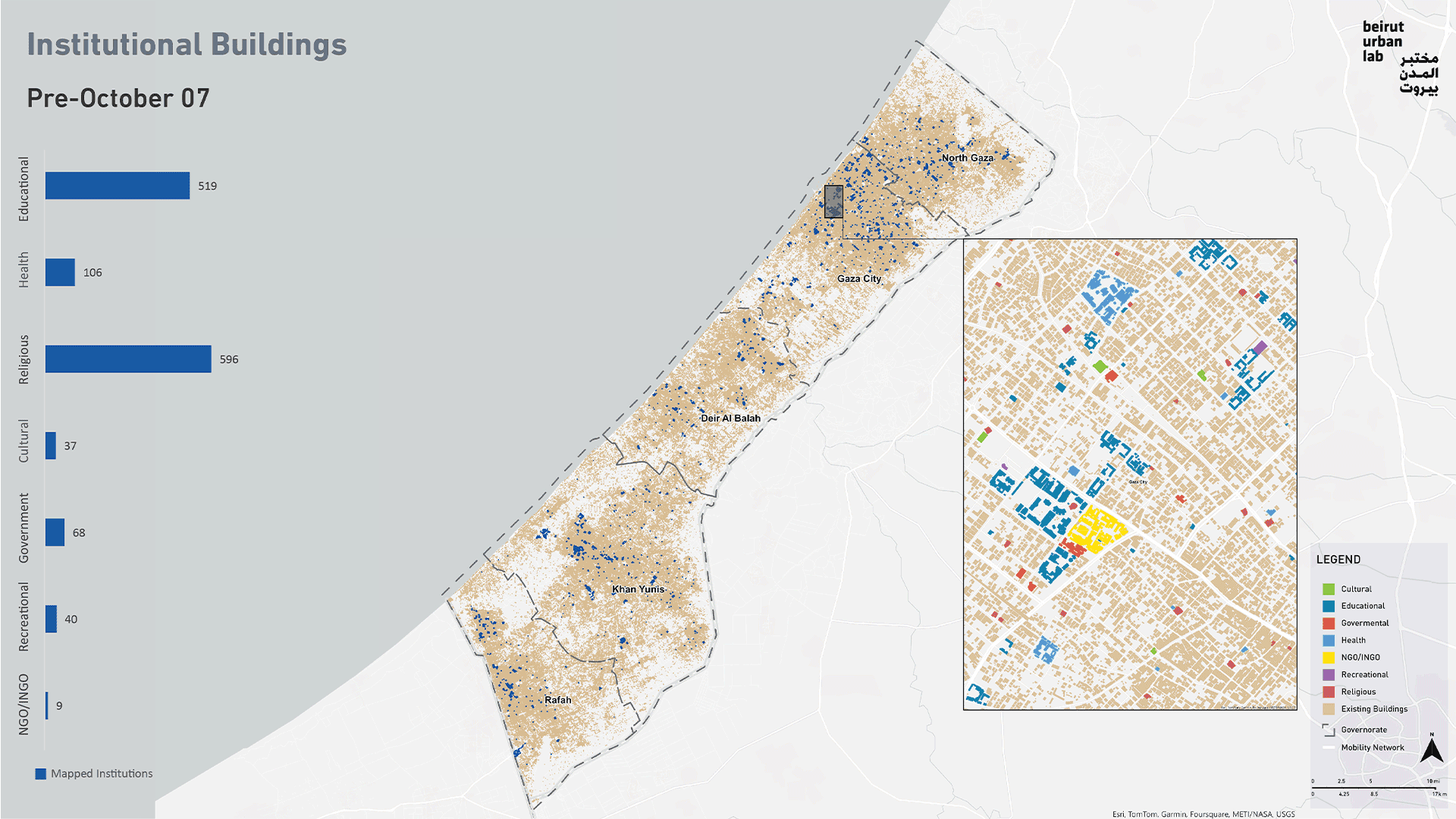Damages to institutions in Gaza. Source: Beirut Urban Lab based on data from UNOSAT