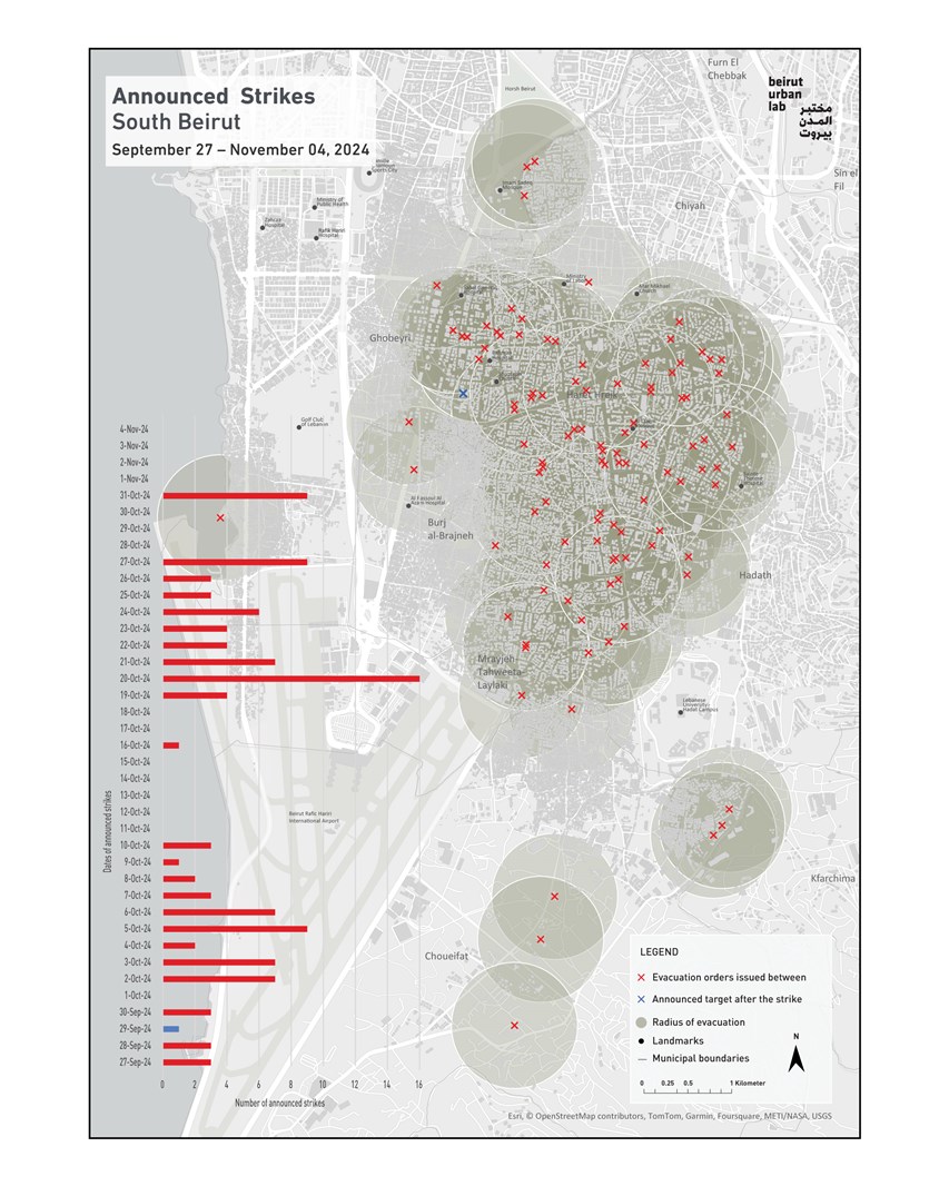 Mapping One Month of Announced Strikes in South Beirut (September 27 - November 4, 2024)