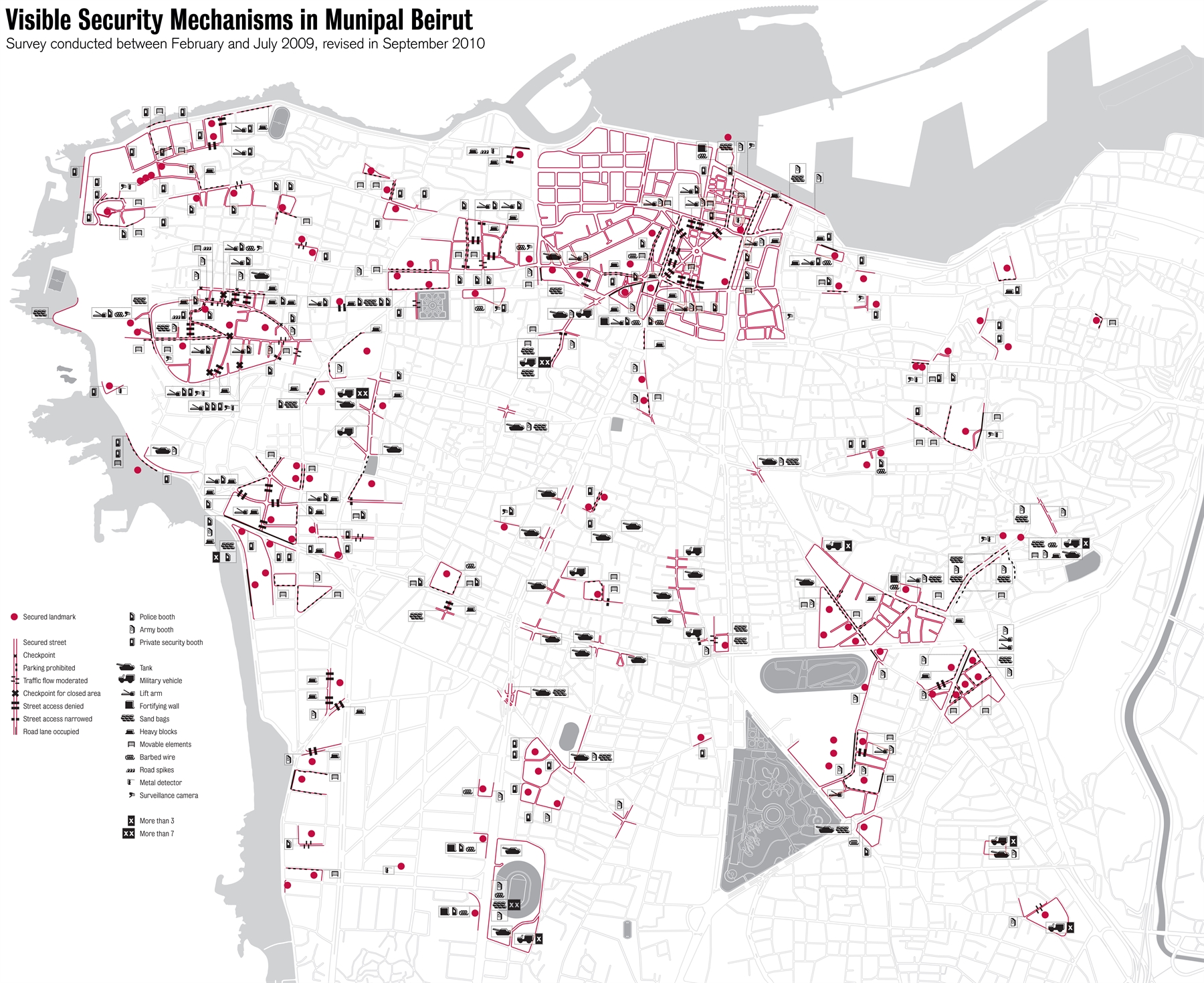 Map showing the visible security mechanisms in Municipal Beirut, published several times between 2010 and 2015.