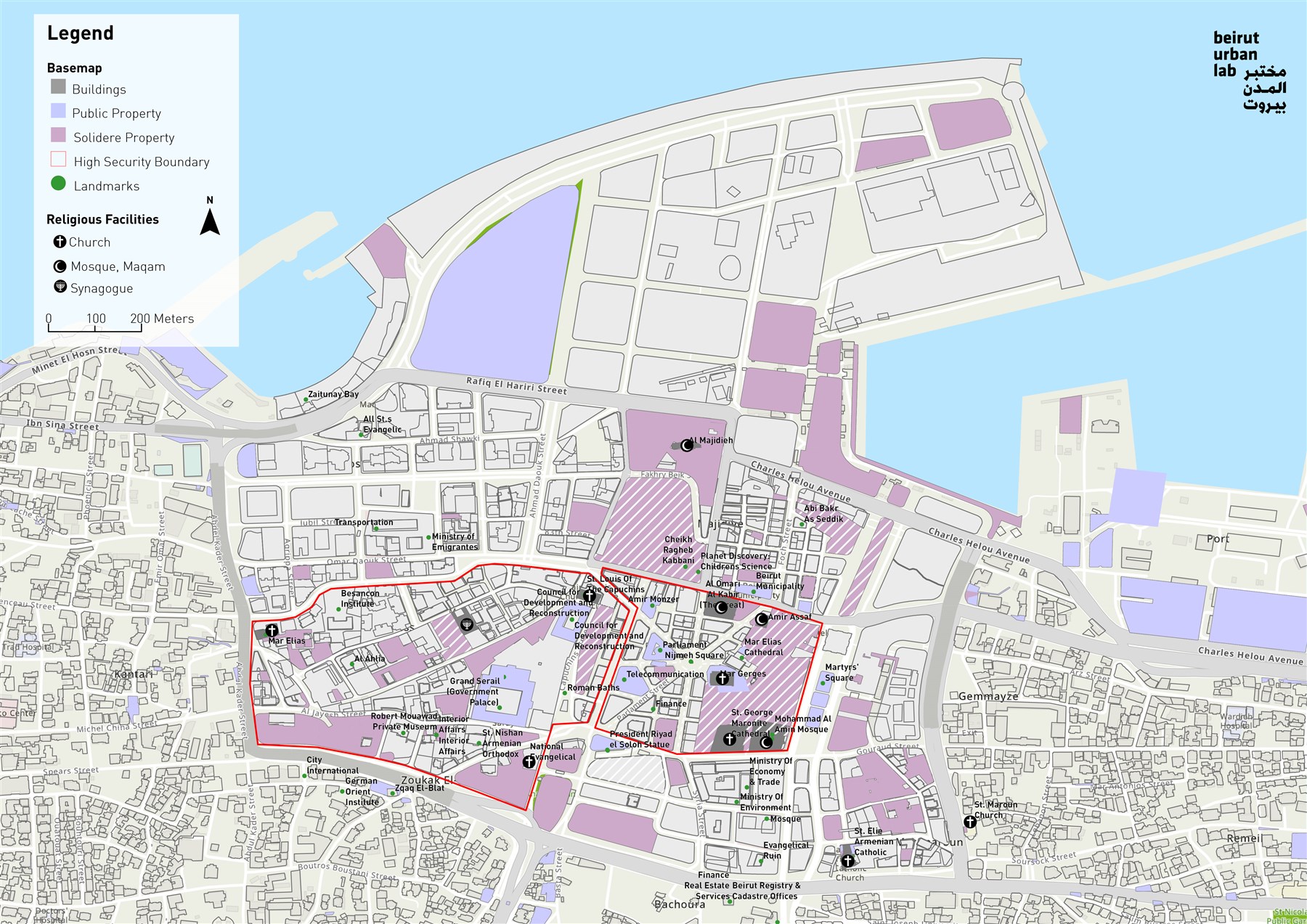 Figure 1. Map showing Solidere current land bank (in pink) and public property in Beirut’s historic core.