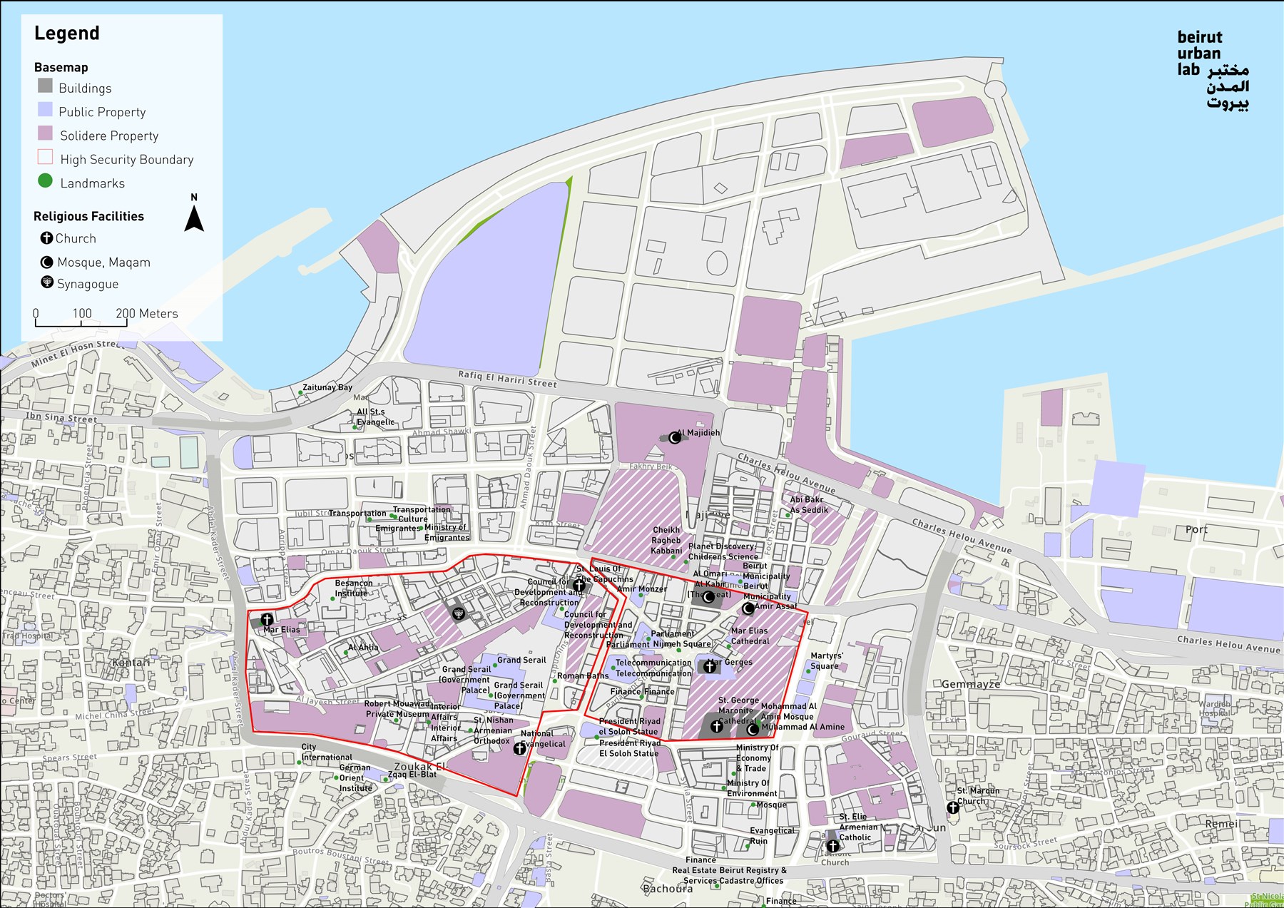 Figure 1. Map showing Solidere current land bank (in pink) and public property in Beirut’s historic core.