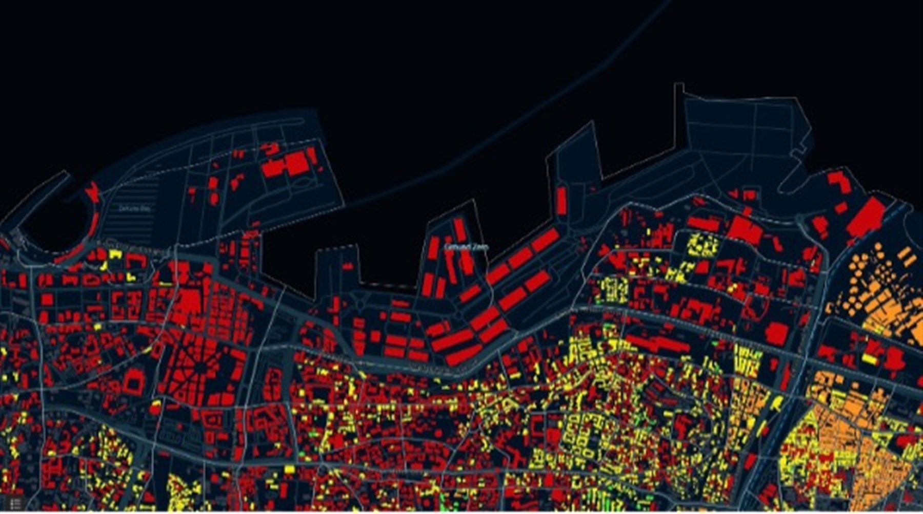 الخريطة ١: خريطة الدمار وموقع انفجار المرفأ – مرصد مختبر المدن بيروت (خريطة تعافي بيروت). المصدر: https://beirutrecovery.org/://beirutrecovery.org/