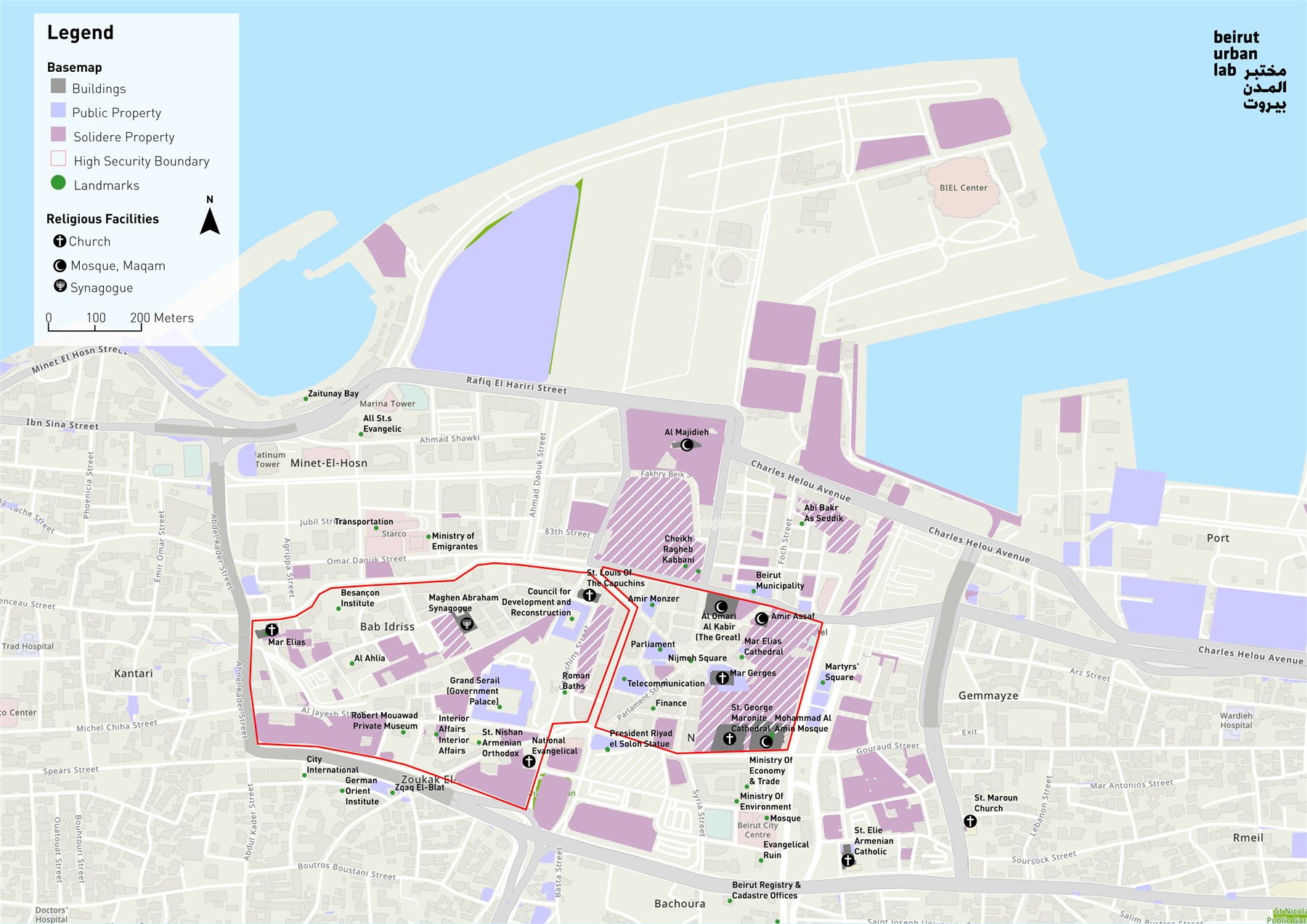 Figure 1. Map showing Solidere current land bank (in pink) and public property in Beirut’s historic core.