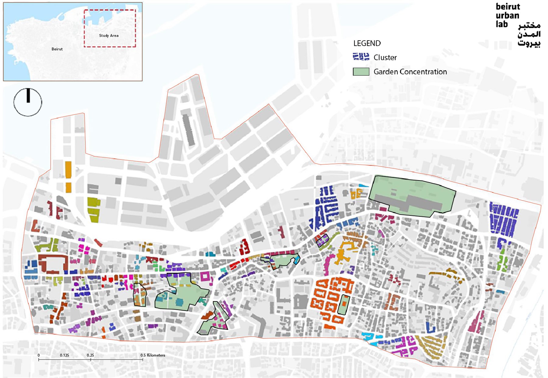 Mapping of Building Clusters in solid colors and Garden Concentrations in green, outlined in black. Source: Beirut Urban Lab (2021)