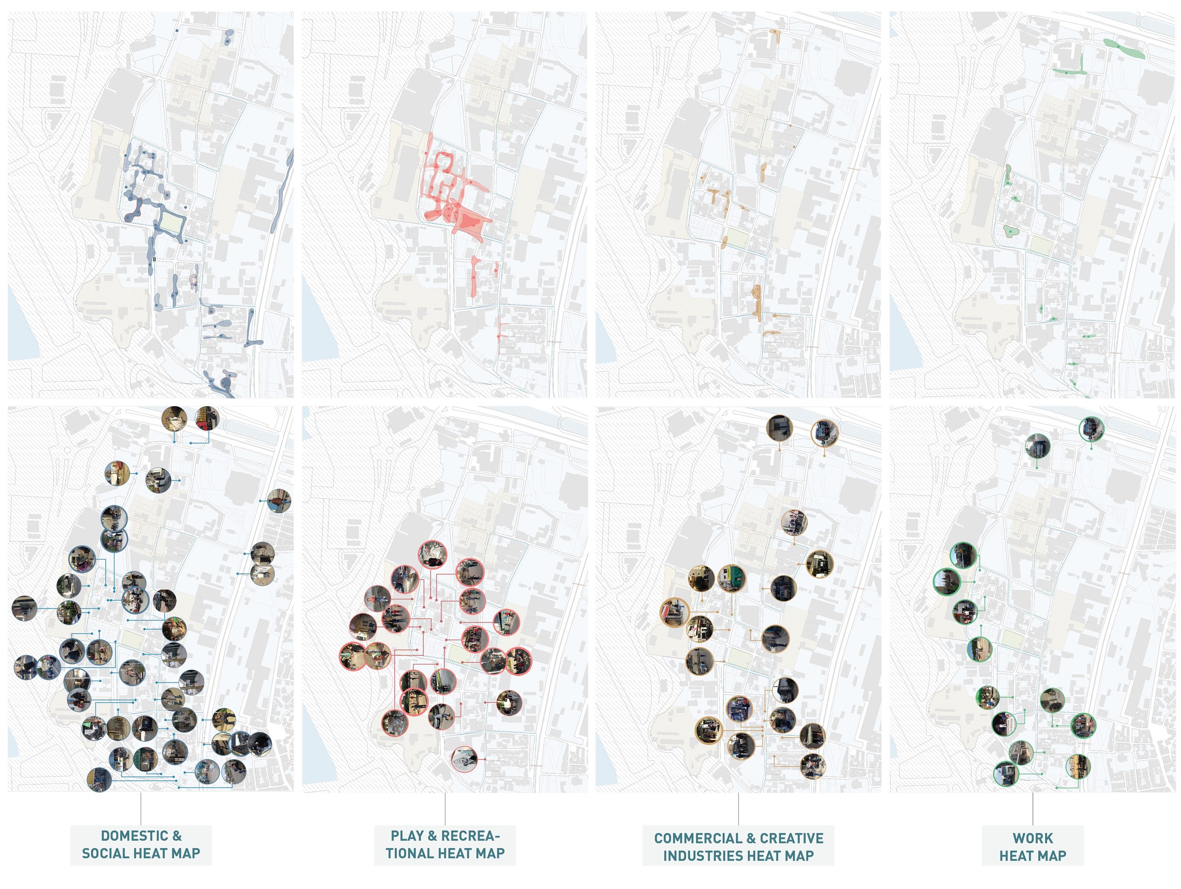 سلسلة من الخرائط التي تتضمن تحليلاً لتوزيع الممارسات المكانية في الكرنتينا على اختلاف أنواعها (المصدر: مختبر المدن في بيروت، 2021)