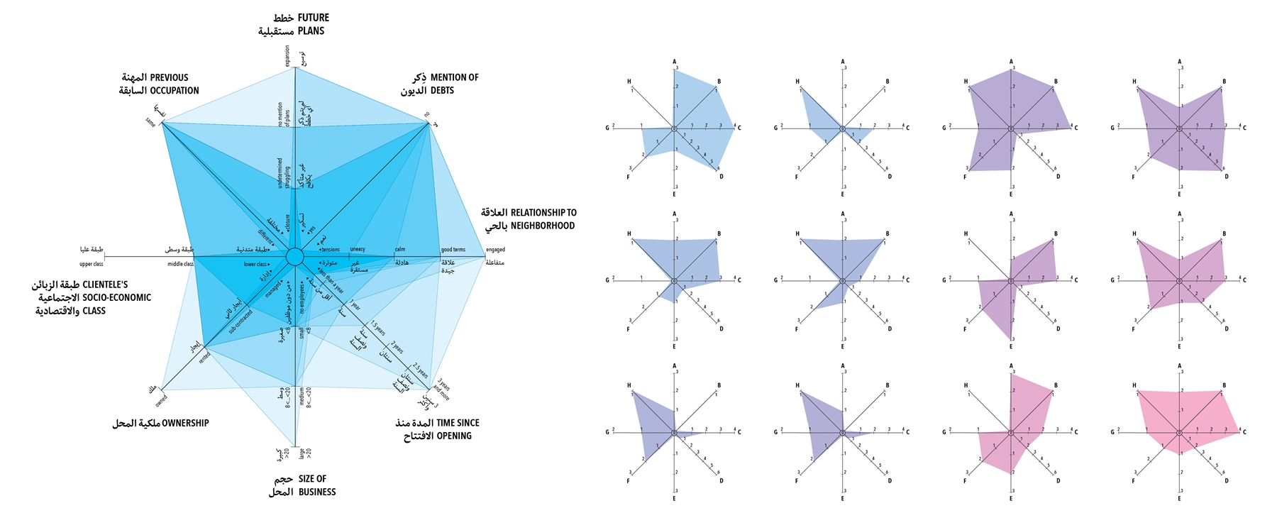 This spider chart shows different characteristics of the twelve profiled businesses. When overlaid, the profiles can be compared across the different measures, distinguishing between common and exceptional attributes. For example, none of the interviewed entrepreneurs’ businesses caters to a high-end clientele, almost all mention carrying debts, and only one of them owns the shop in which the business operates.