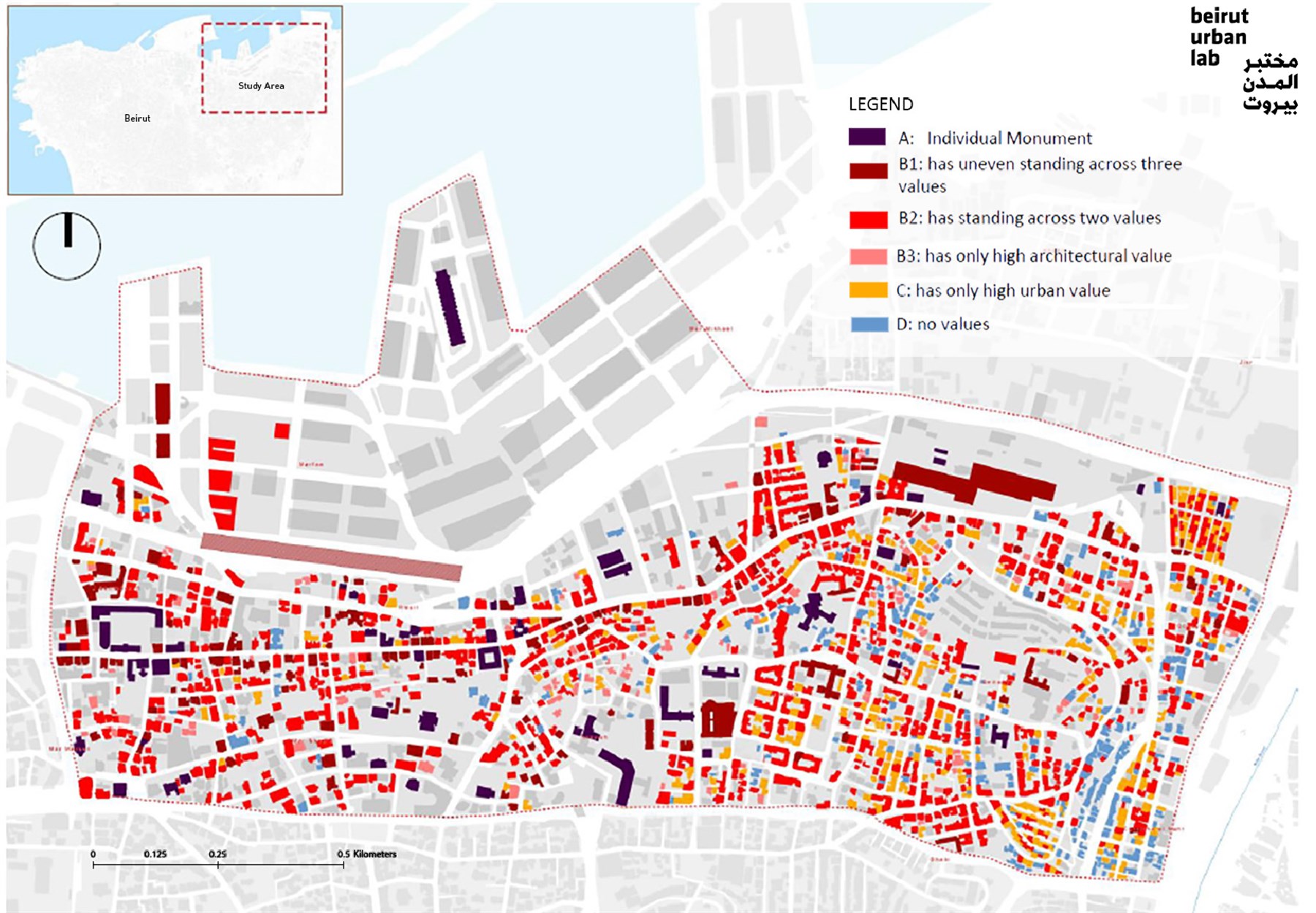 Designation of Modern Built Heritage based on the team assessment. Source: Beirut Urban Lab (2021)