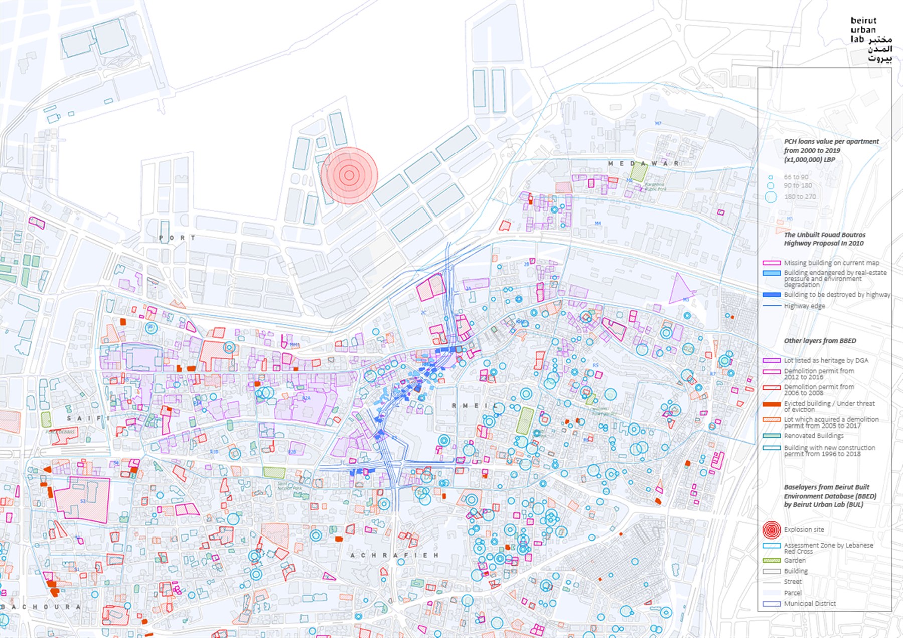 جمع فريق تصميم الخرائط في المختبر المعلومات ذات الصلة عن الأحياء السكنية المتضررة، كخطوة أولى، وذلك لتقديم صورة شاملة عنها