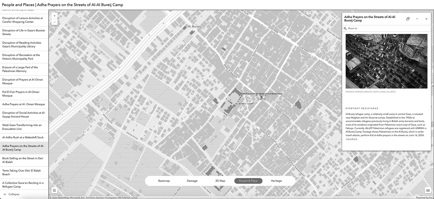 The “People and Places” layer in the platform featuring stories of everyday resistance in Gaza.