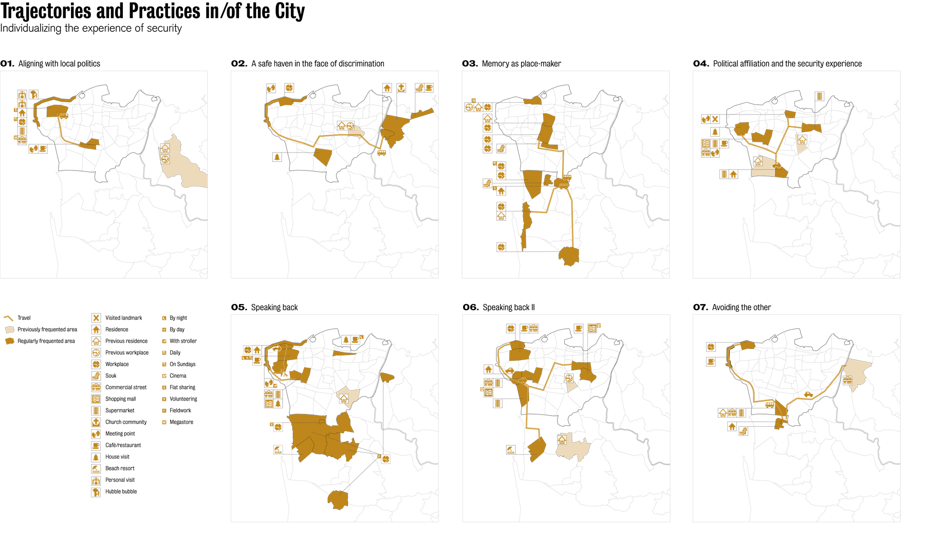 These maps show the trajectories of several individuals in Beirut. The stories of three domestic workers (one from Bangladesh, the second from Nigeria, and the third a Palestinian refugee), one Syrian worker, and four middle class Lebanese citizen show how class, sect, and nationality, intersect with experiences of the city and its security.