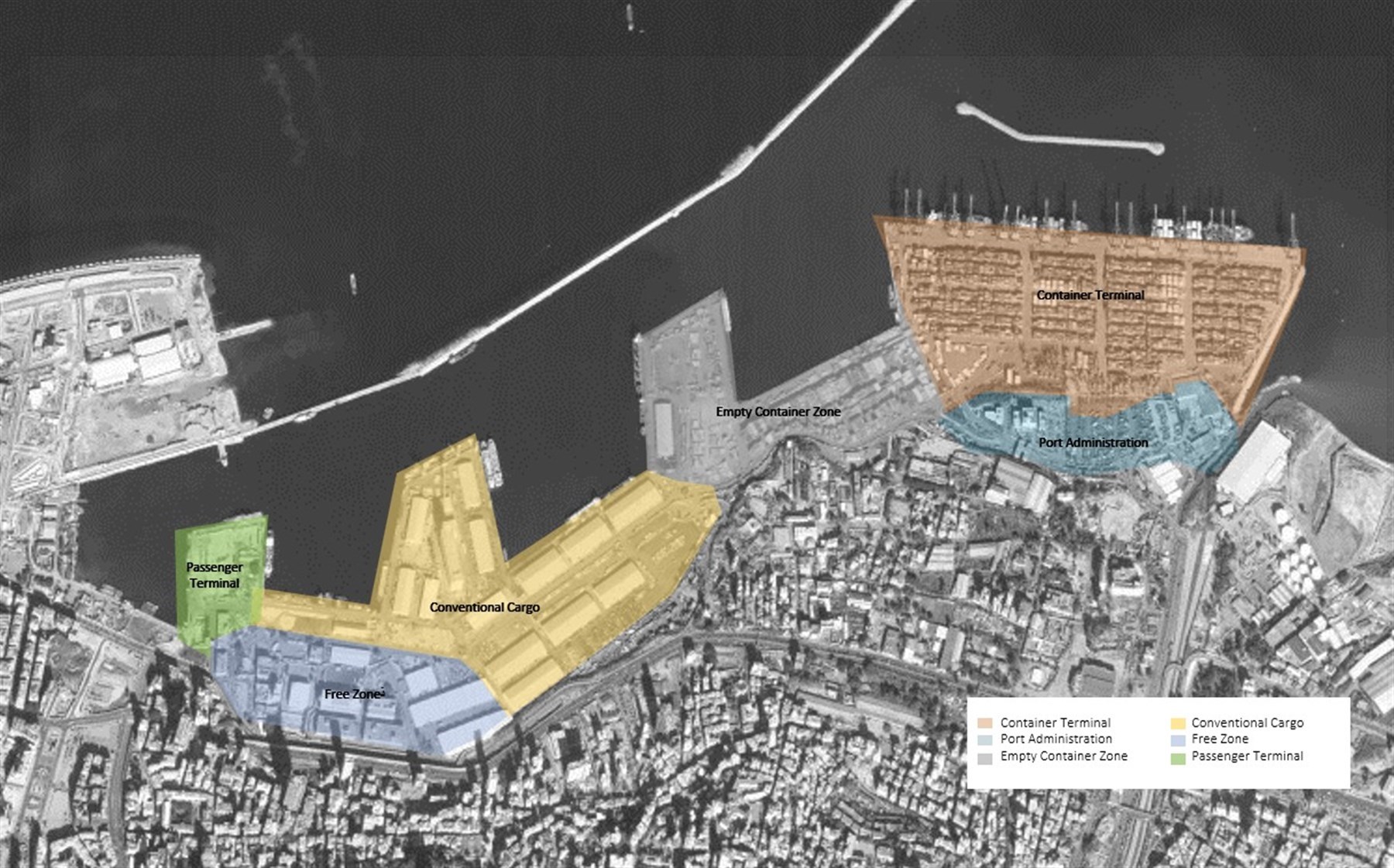 الخريطة ٢: خريطة وظائف المرفأ قبل الانفجار. المصدر: خريطة من إعداد مختبر المدن بيروت.