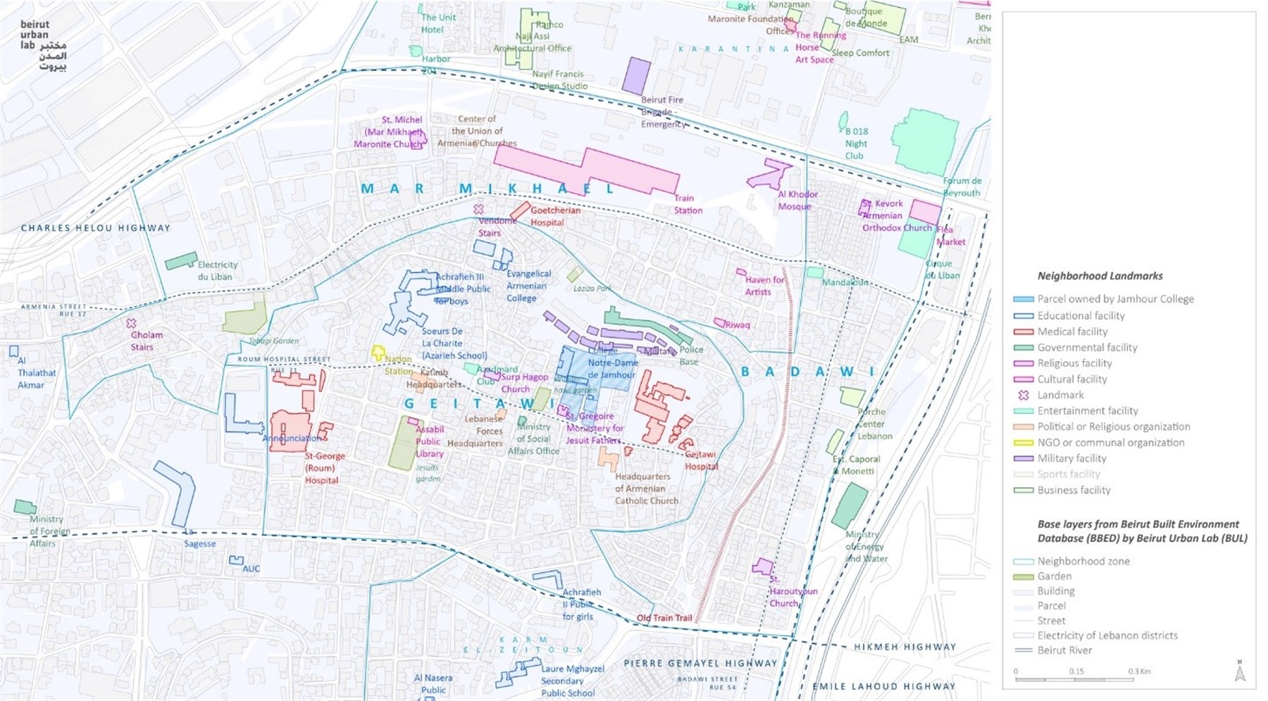 Map 2: Neighborhood landmarks in Mar Mikhael, Geitawi, and Badawi. (Source: Beirut Urban Lab, 2020)