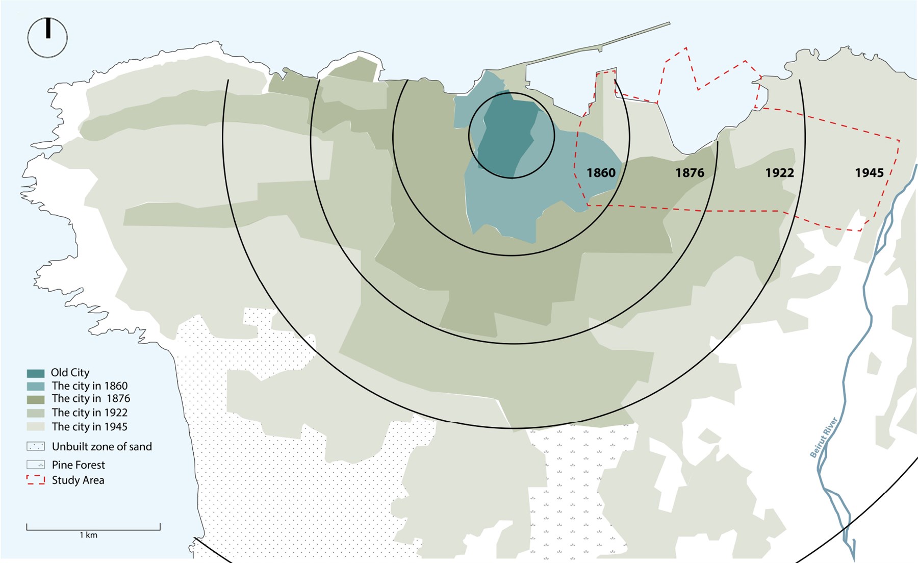 Beirut’s Concentric Growth. Source: De Vaumas, Etienne. Le Relief de Beyrouth et son Influence sur le Développement de la Ville, Beirut. Publications Techniques et Scientifiques de L’Ecole Française d’Ingenieurs de Beyrouth, N. 11, 1946, reproduced by Beirut Urban Lab (2024)