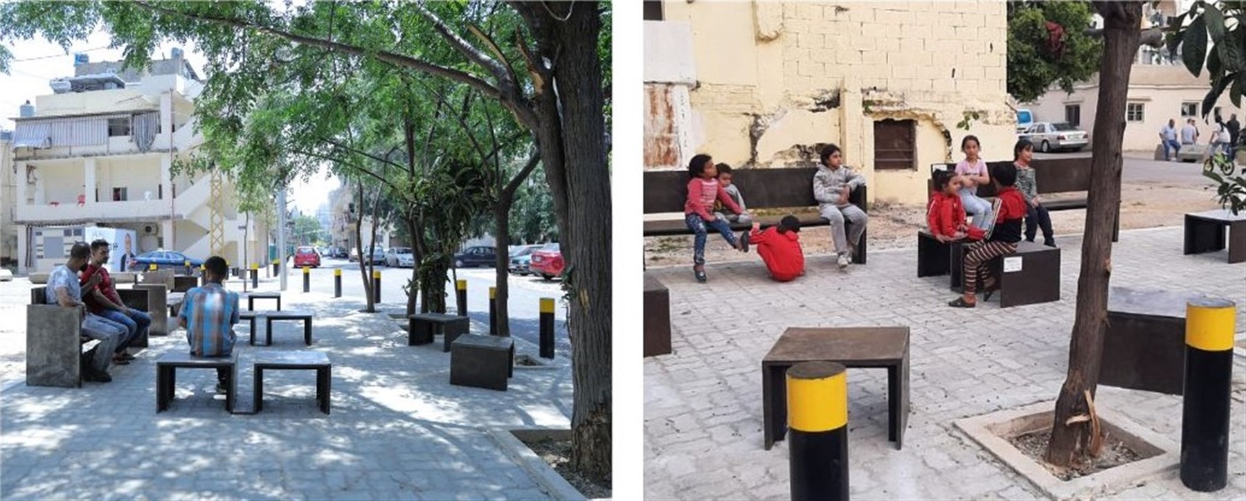 صور للمساحة العامة بعد اكتمال المشروع التصميمي وتُظهر استخدامات الأهلي المختلفة لها (الصور: على اليسار، بوستراي، 2022؛ على اليمين، حسن الأسود، 2022)