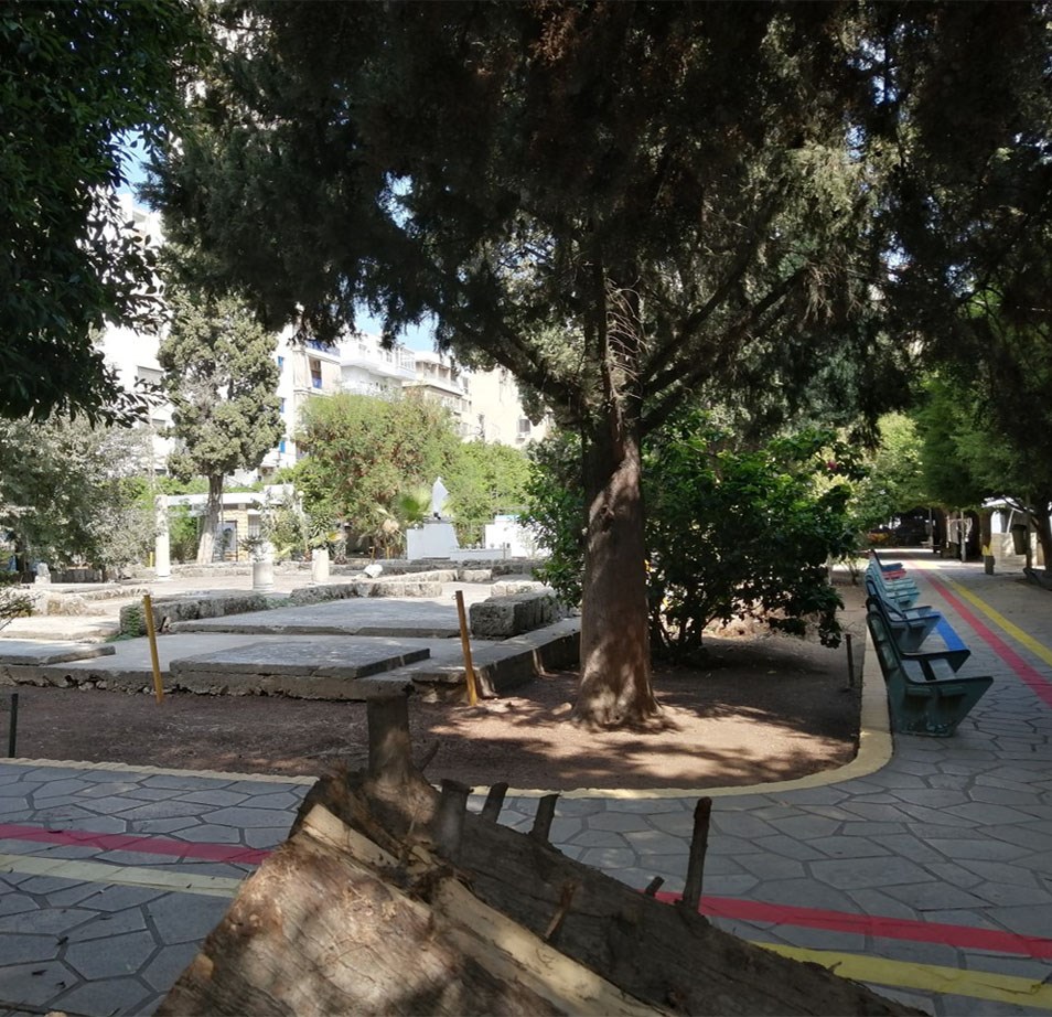 بقايا أثرية وأشجار سرو كبيرة في حديقة اليسوعيين (المصدر: مريم بزي، أيلول 2021)