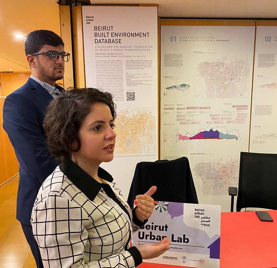 BUL research coordinator Soha Mneimneh and GIS officer Jawad Choueib introducing the lab's various research projects (Photo: Yara Sayegh, March 2022)