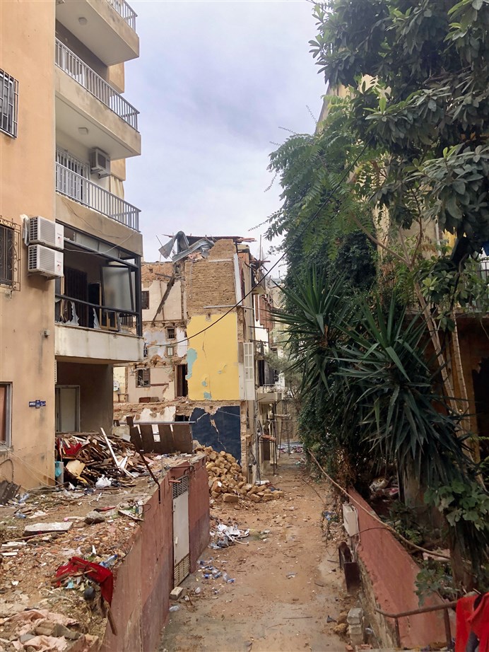 Collapsed heritage buildings as seen from Salah Labaki Street. (Photo: Luna Dayekh)