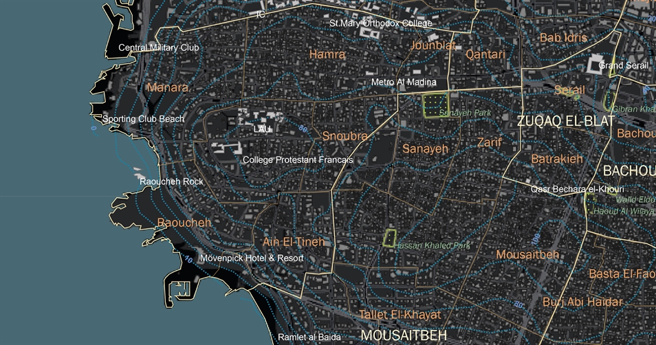 The created base map contains layers with elevation contour lines, cadastral zones, municipal districts, main and secondary roads, property parcels, building footprints, green spaces, and a selection of landmarks.