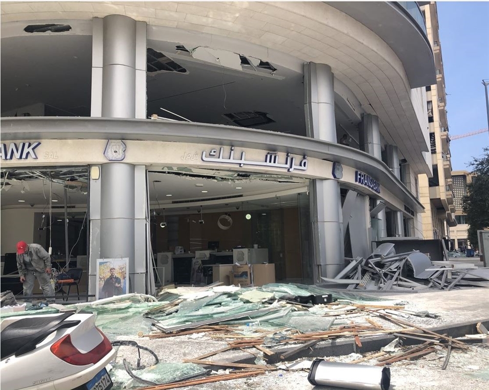 One of many banks in Beirut's historic core, devastated large-glass facades is a typical sight in the area (Photo: Mona Harb)